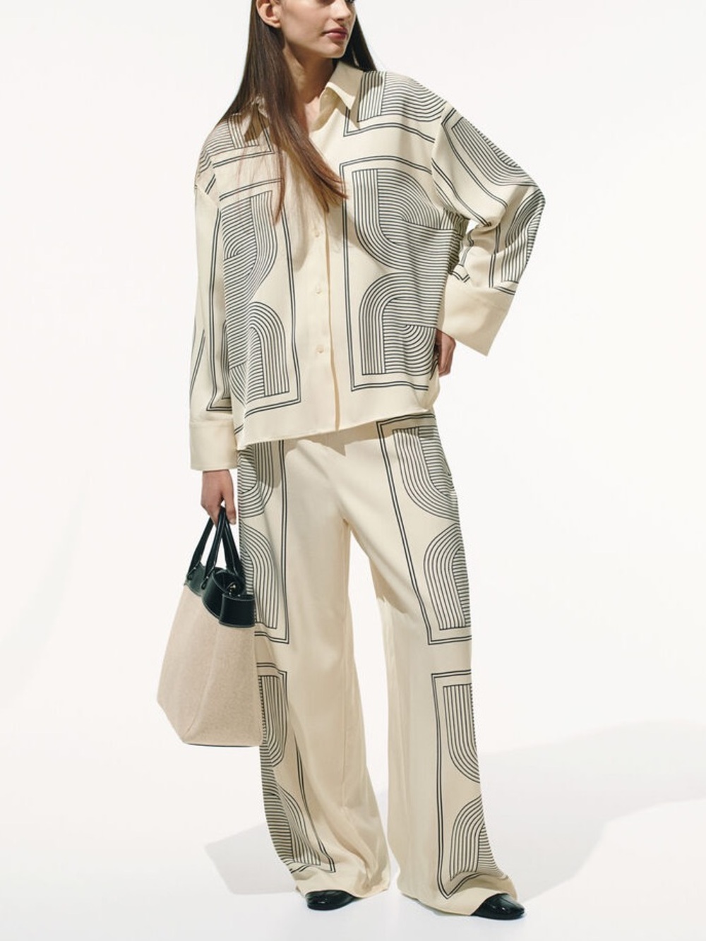 NWT H&M Cream Black Geo Print Shirt Pants Set XL/L